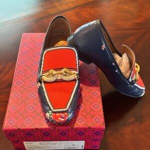 Tory Burch Navy and Red Floral Loafers